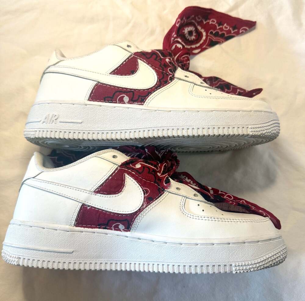 Nike Air Force 1 Low Custom Red Bandana White Leather Sneakers Youth Size 6